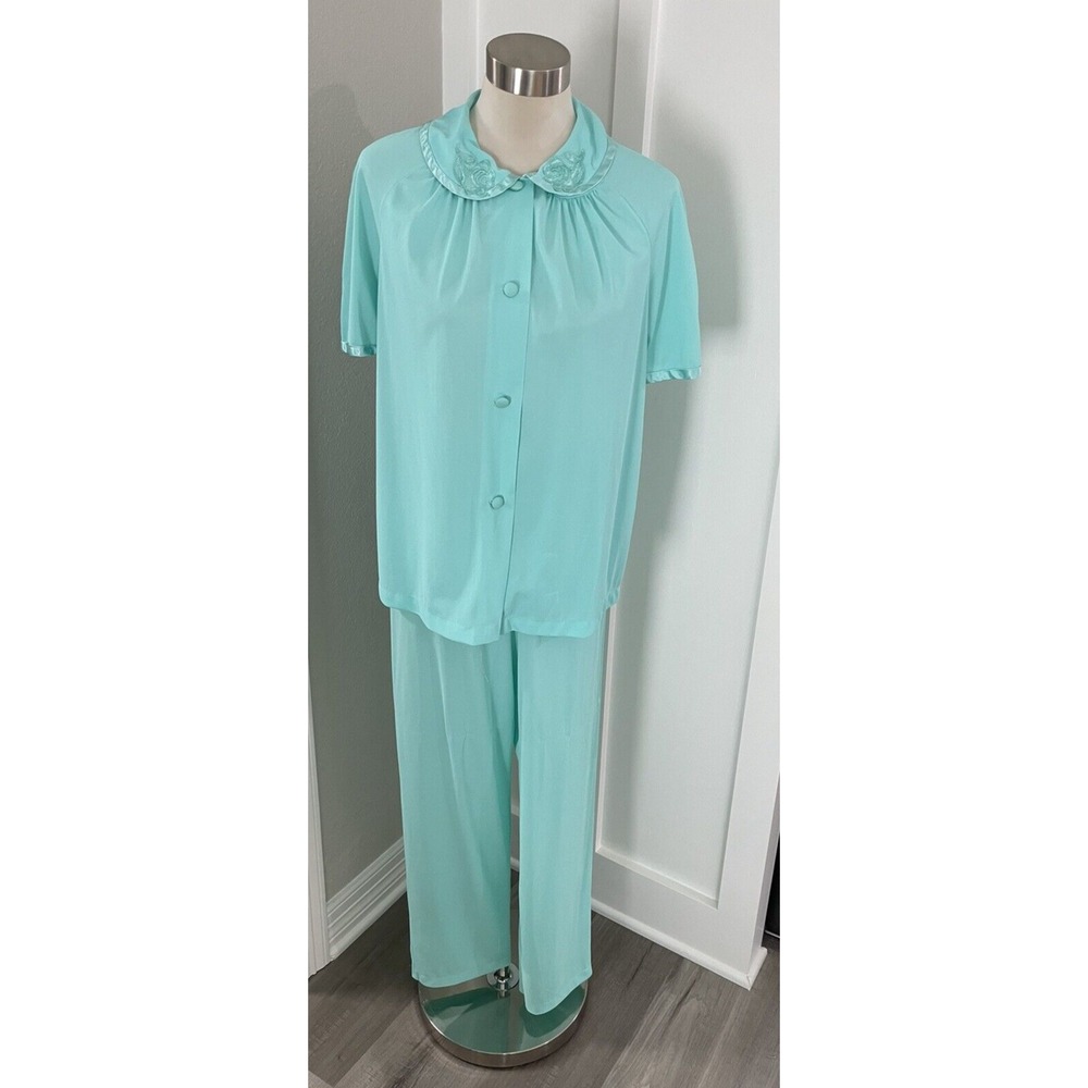 Vintage Sears Lingerie Aqua Blue Nylon Pajama Set Short Sleeves Sz Tall 36
